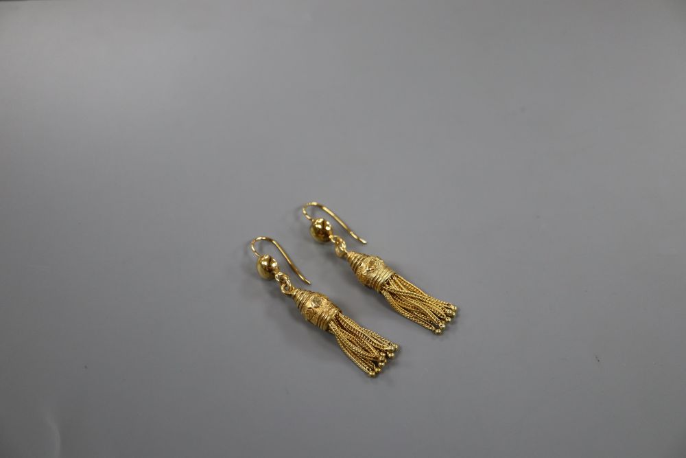 A pair of Victorian style yellow metal (tests as 15ct) tassel drop earrings, 42mm